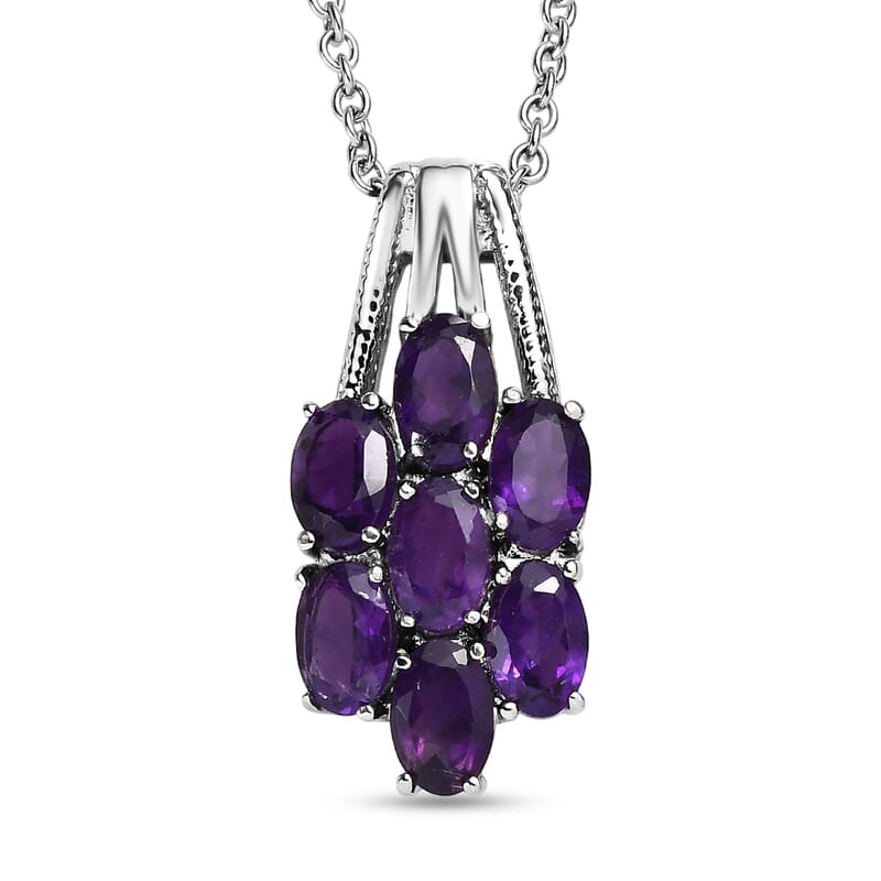 EverTrue African Amethyst 3.30 ctw Floral Pendant Necklace 20 Inches in Stainless Steel 