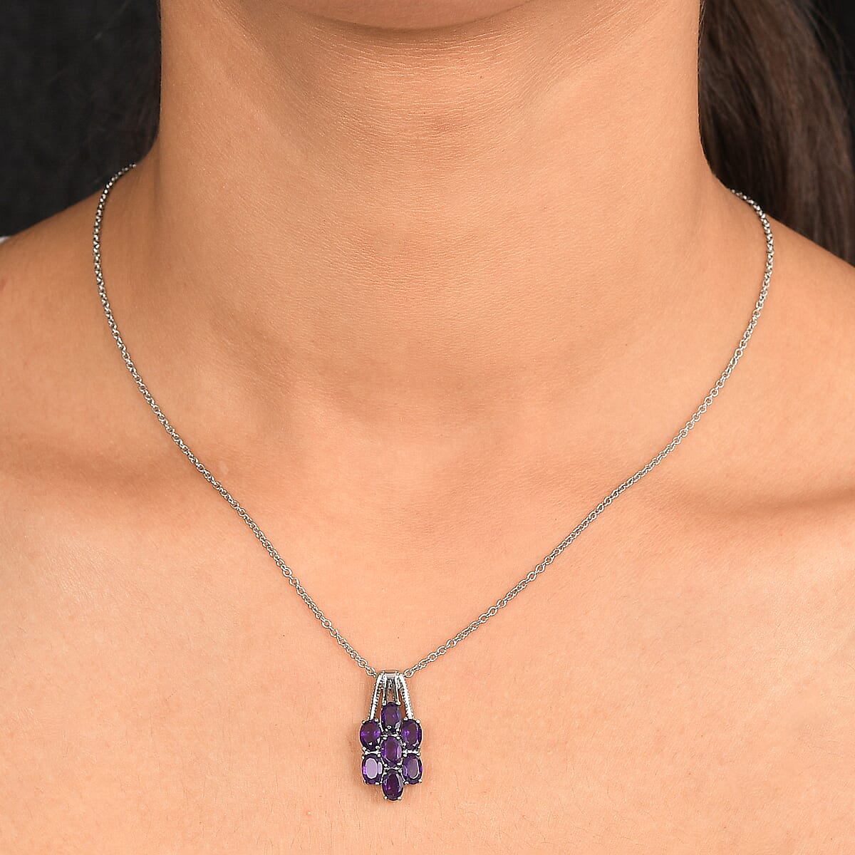 EverTrue African Amethyst 3.30 ctw Floral Pendant Necklace 20 Inches in Stainless Steel  image number 2