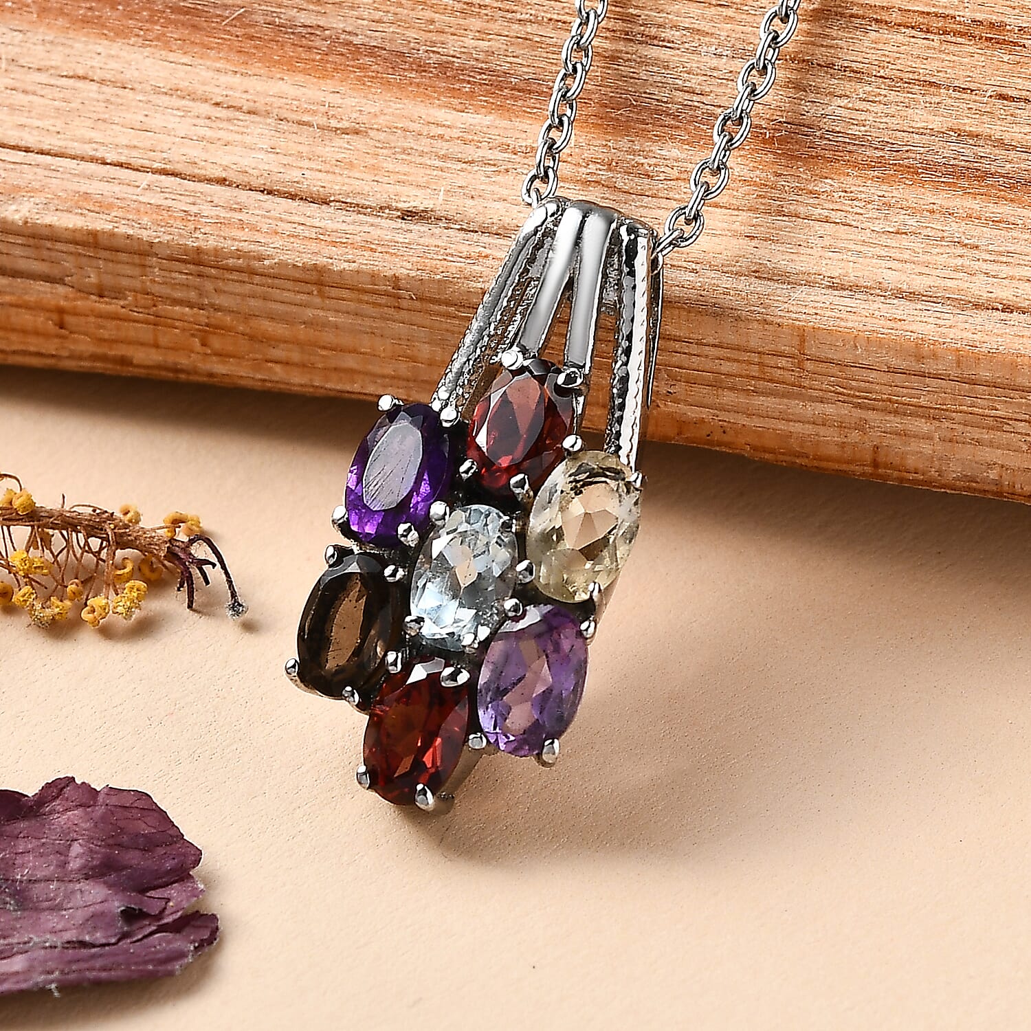 EverTrue Multi Gemstone 3.40 ctw Floral Pendant Necklace 20 Inches in Stainless Steel 