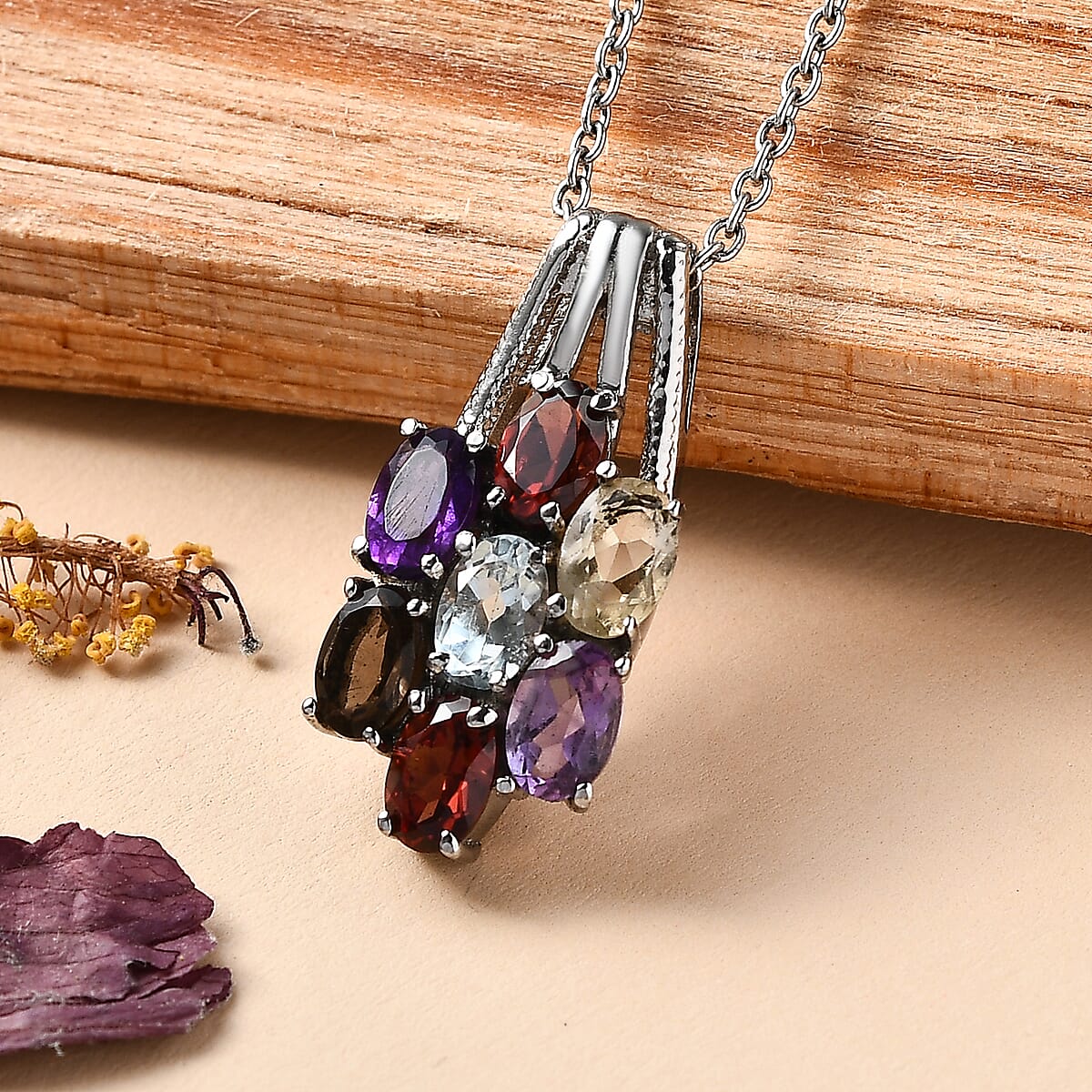 EverTrue Multi Gemstone 3.40 ctw Floral Pendant Necklace 20 Inches in Stainless Steel  image number 1