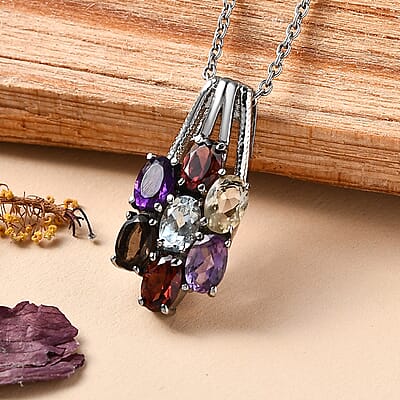 EverTrue Multi Gemstone 3.40 ctw Floral Pendant Necklace 20 Inches in Stainless Steel 