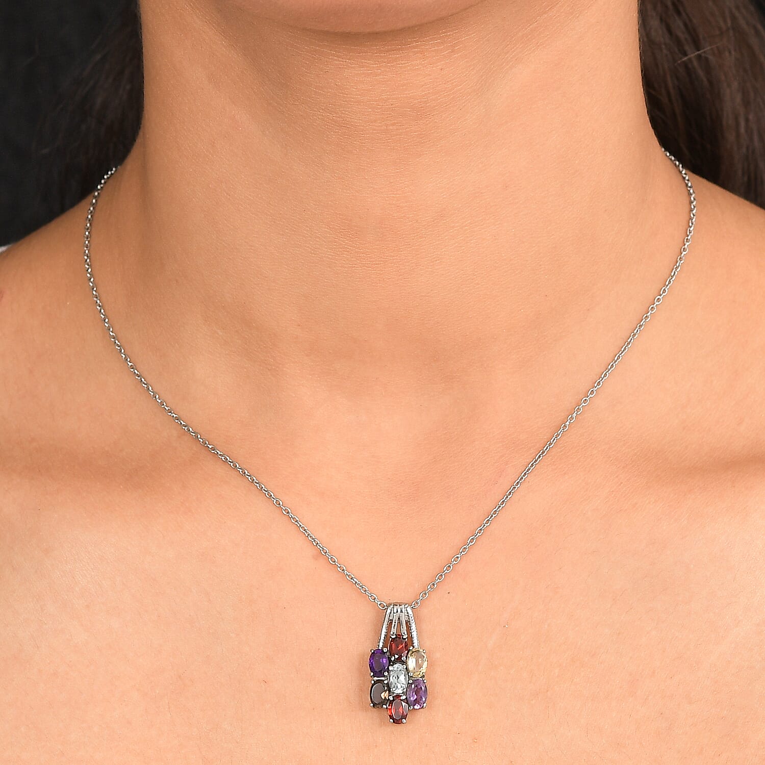 EverTrue Multi Gemstone 3.40 ctw Floral Pendant Necklace 20 Inches in Stainless Steel 