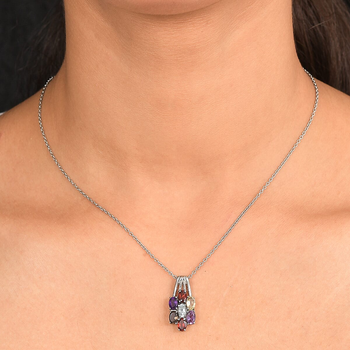 EverTrue Multi Gemstone 3.40 ctw Floral Pendant Necklace 20 Inches in Stainless Steel  image number 2