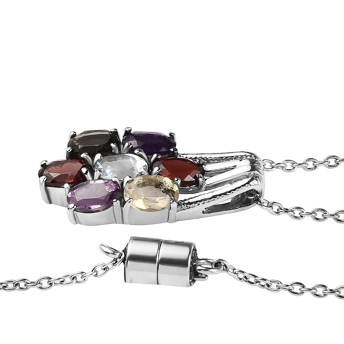 EverTrue Multi Gemstone 3.40 ctw Floral Pendant Necklace 20 Inches in Stainless Steel 