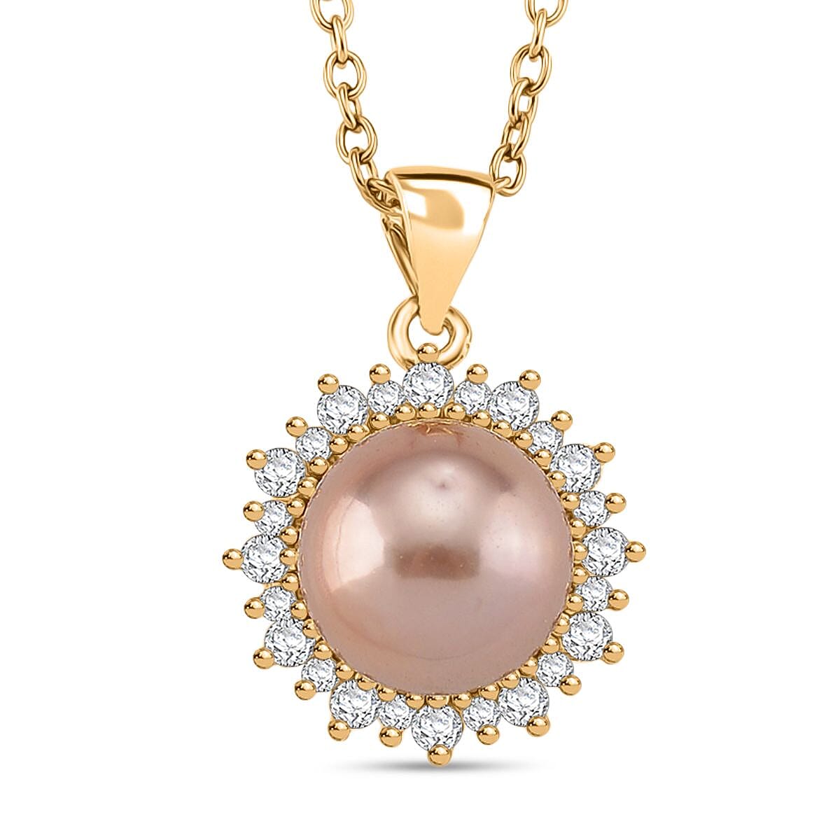 Purple Pearl and Simulated Diamond Pendant Necklace in 14K YG Over Copper 20 Inches  