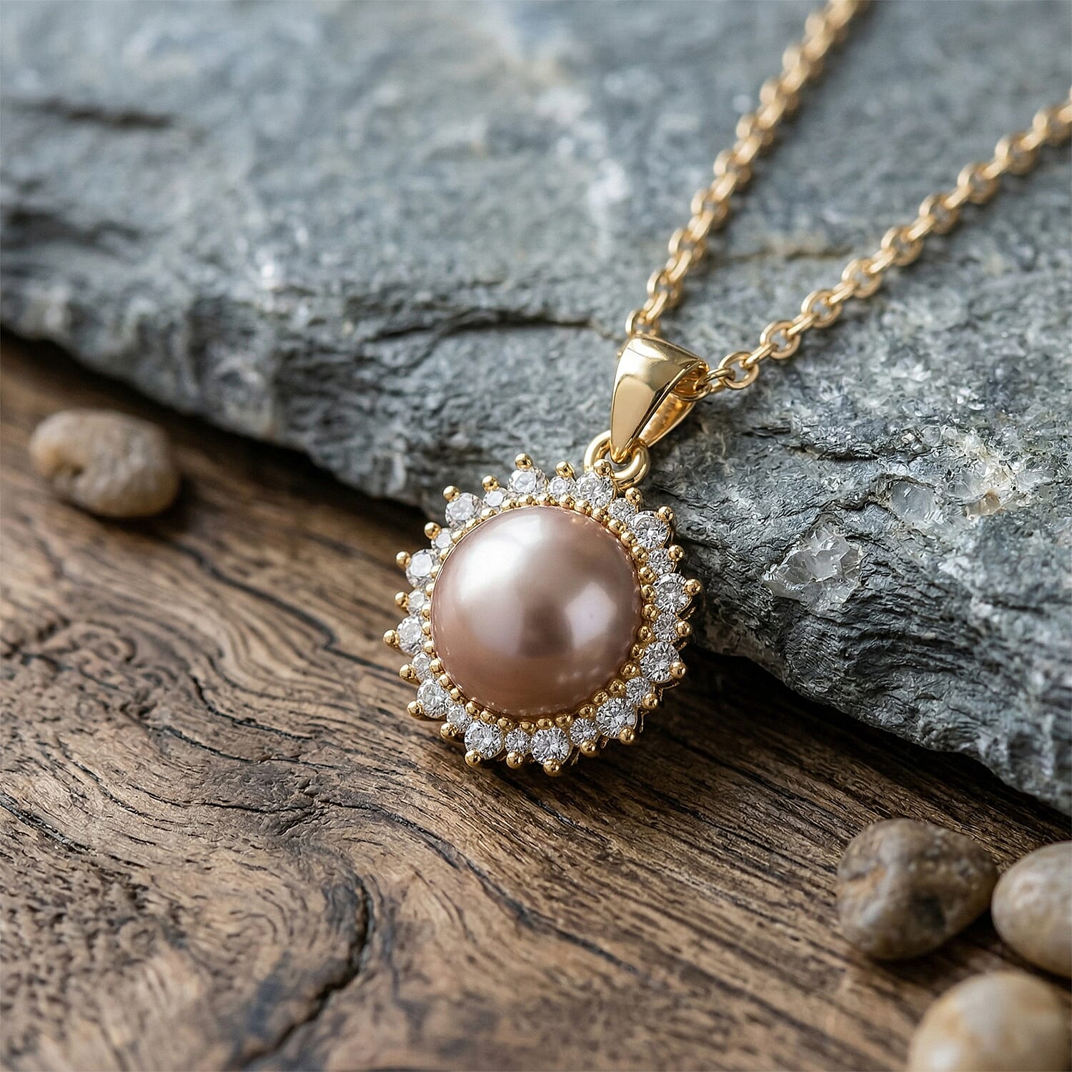 Purple Pearl and Simulated Diamond Pendant Necklace in 14K YG Over Copper 20 Inches  