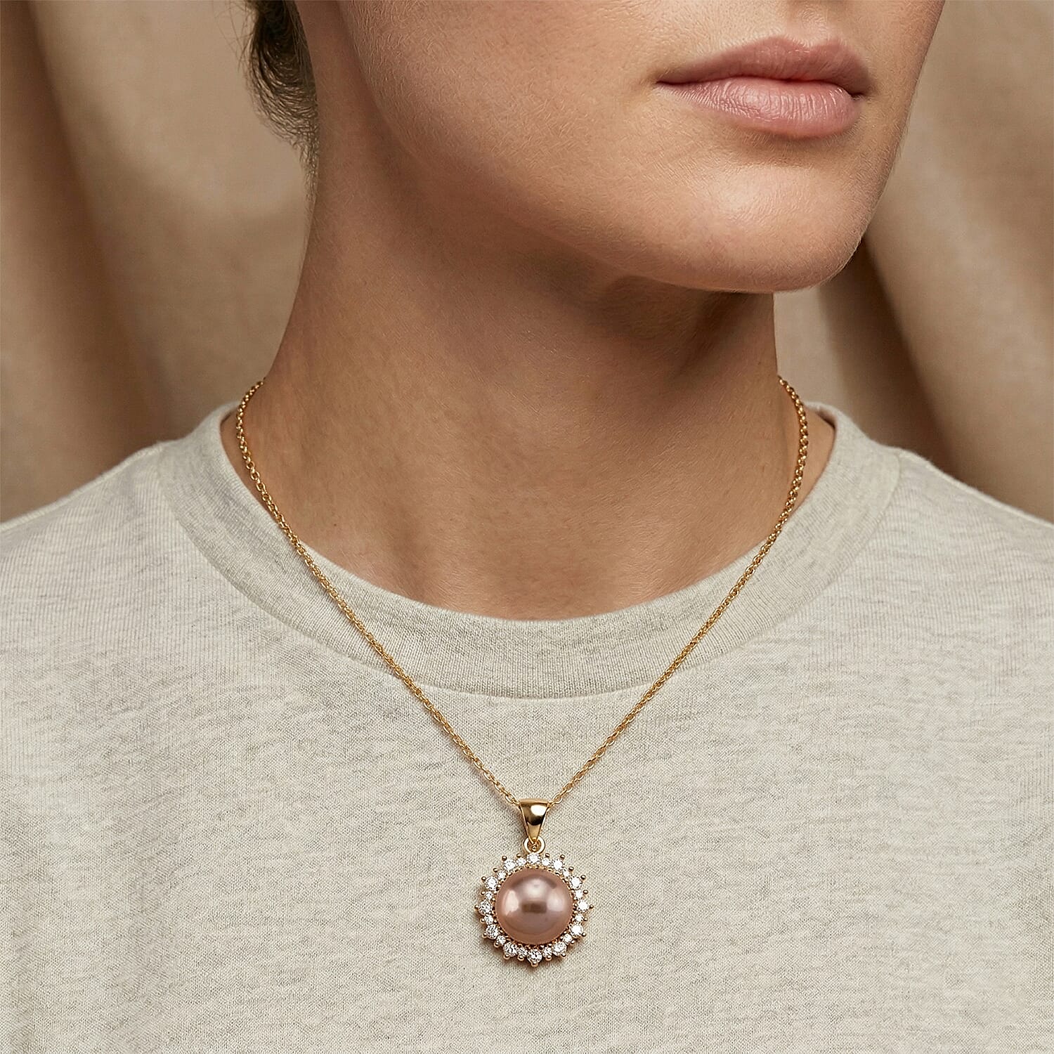 Purple Pearl and Simulated Diamond Pendant Necklace in 14K YG Over Copper 20 Inches  