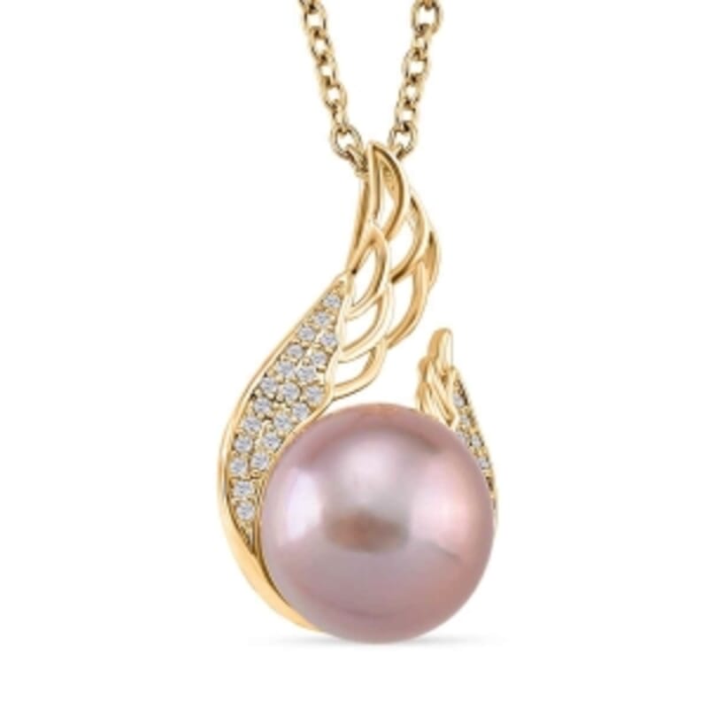 Purple Edison Pearl and Simulated Diamond 0.50 ctw Pendant in 18K YG Plated with 14K YG Over Copper Necklace 20 Inches