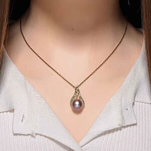 Purple Edison Pearl and Simulated Diamond 0.50 ctw Pendant in 18K YG Plated with 14K YG Over Copper Necklace 20 Inches