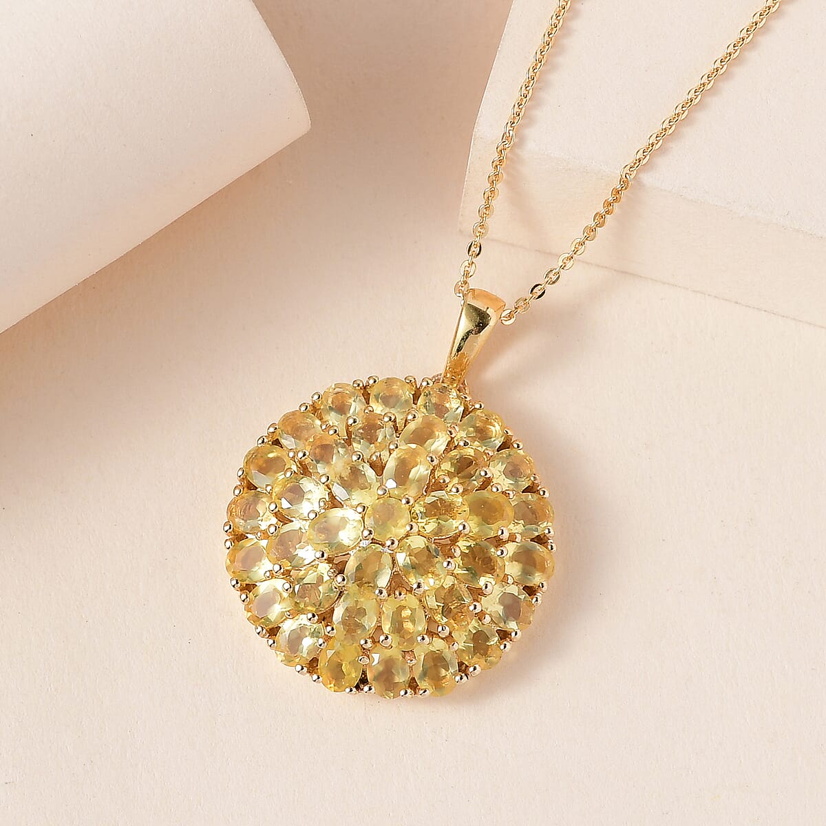 Tanzanian Canary Opal Medallion Pendant Necklace 20 Inches in Vermeil Yellow Gold Over Sterling Silver 4.35 ctw image number 1