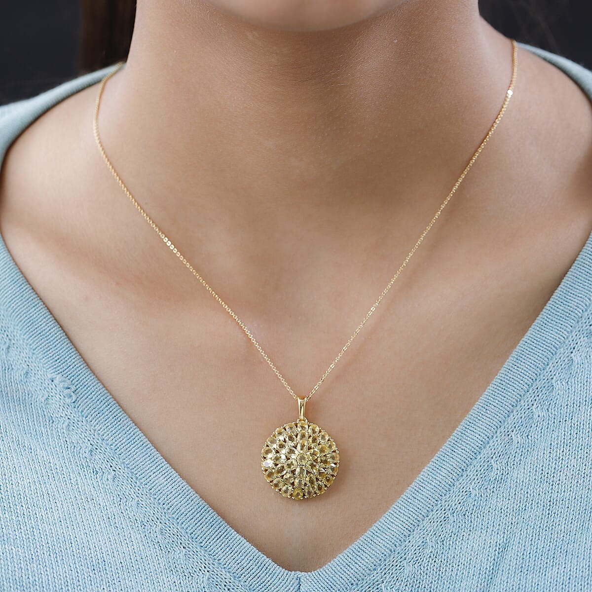 Tanzanian Canary Opal Medallion Pendant Necklace 20 Inches in Vermeil Yellow Gold Over Sterling Silver 4.35 ctw image number 2