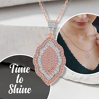 Natural Pink Diamond Pendant Necklace, Diamond Cluster Pendant, Elongated Pendant Necklace, Rose Gold Vermeil Over Sterling Silver Necklace, 18 inches Necklace 0.50 ctw