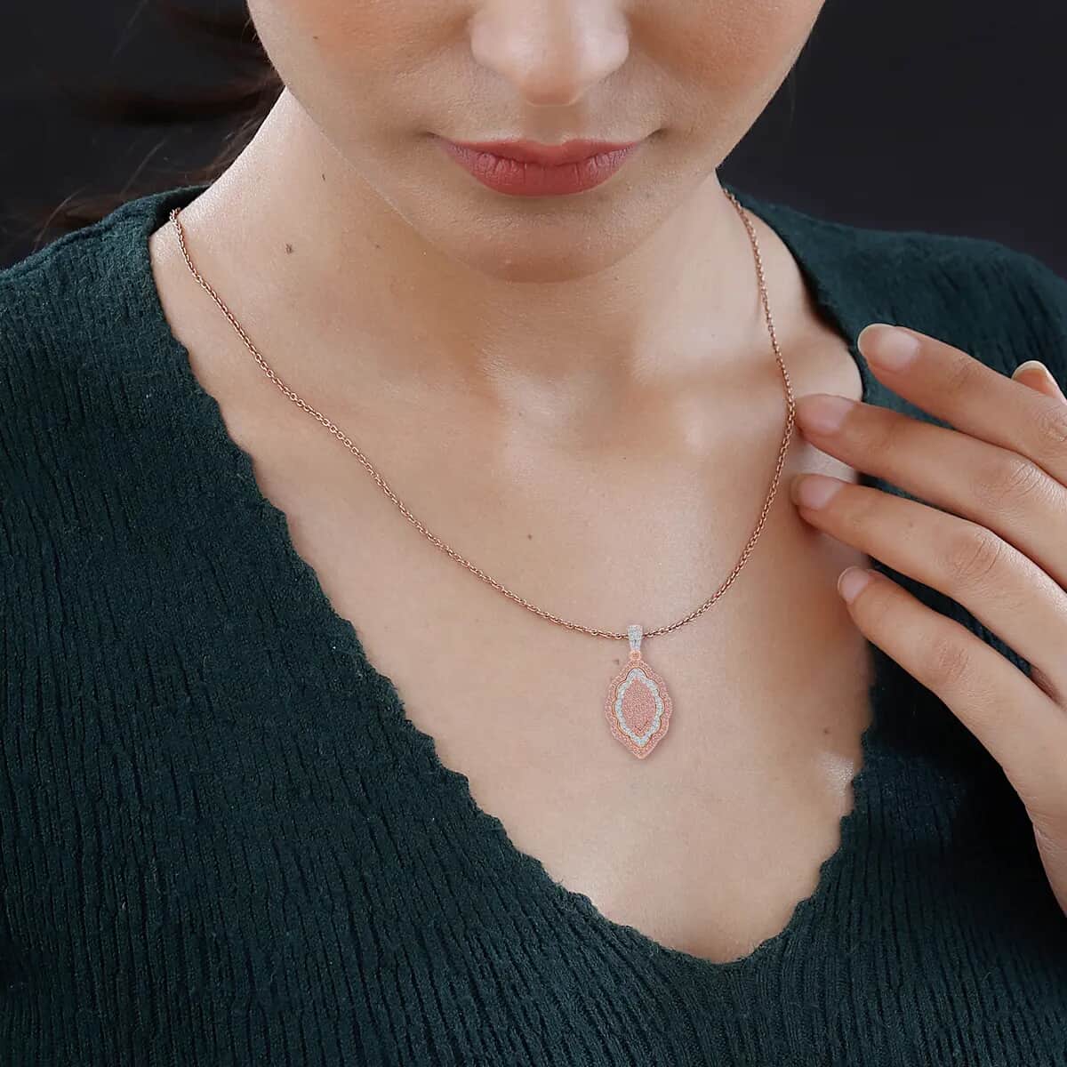 Natural Pink Diamond Pendant Necklace, Diamond Cluster Pendant, Elongated Pendant Necklace, Rose Gold Vermeil Over Sterling Silver Necklace, 18 inches Necklace 0.50 ctw image number 3