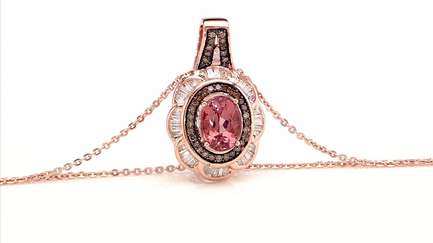 D'Joy Red Apatite, Natural White and Champagne Diamond 1.75 ctw Inferno Bloom Pendant Necklace 20 Inches in 18K Vermeil Rose Gold Over Sterling Silver