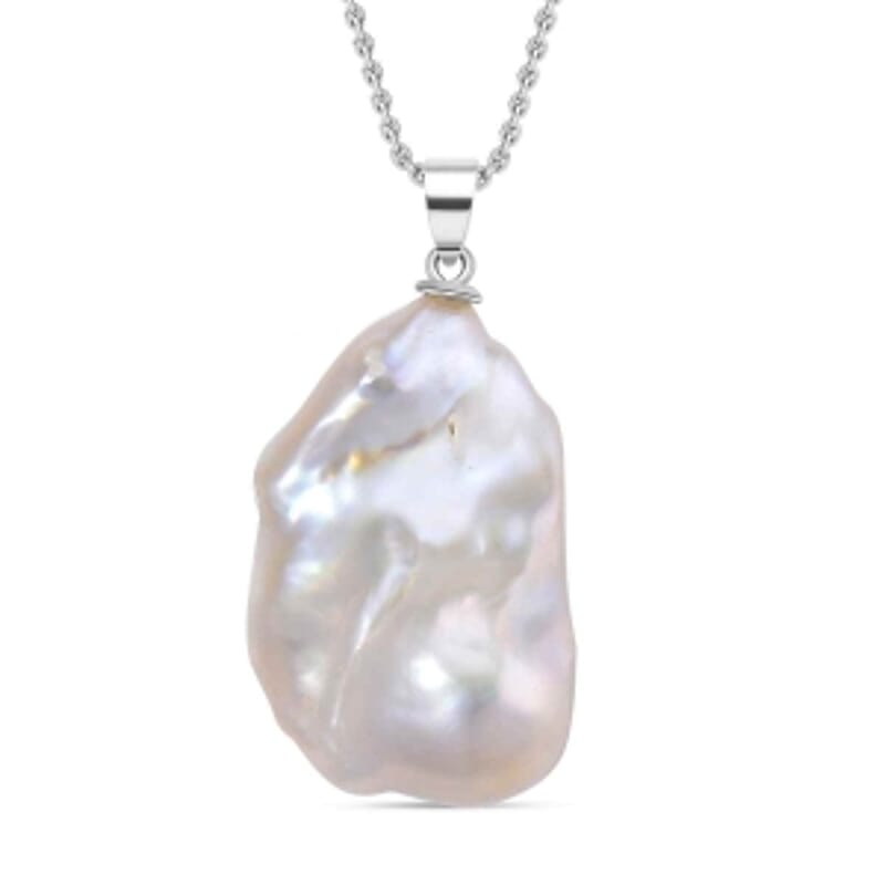 White Baroque Pearl Pendant 28.00 ctw Necklace in Rhodium Over Sterling Silver 20 Inches