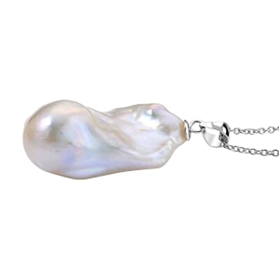 White Baroque Pearl Pendant 28.00 ctw Necklace in Rhodium Over Sterling Silver 20 Inches