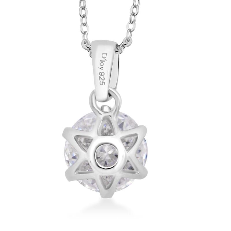D'Joy Portuguese Cut 161 Facets Moissanite 2.15 ctw Solitaire Pendant Necklace in Rhodium Over Sterling Silver 20 Inches