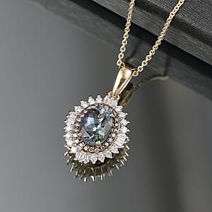 Luxoro AAA Peacock Tanzanite, Natural Champagne and White Diamond I2 2.10 ctw Sunburst Pendant Necklace in 10K Yellow Gold 20 Inches