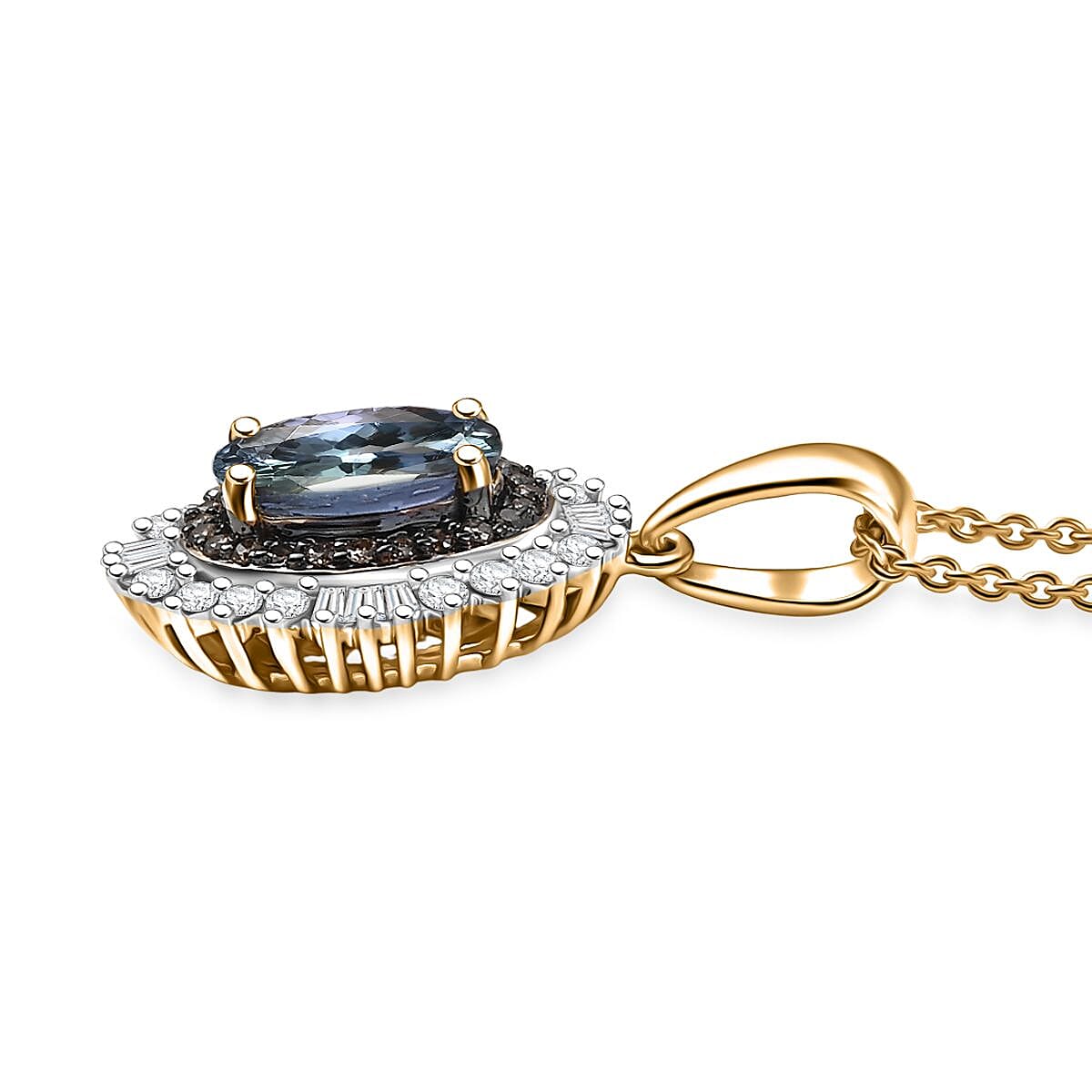 Luxoro AAA Peacock Tanzanite, Natural Champagne and White Diamond I2 2.10 ctw Sunburst Pendant Necklace in 10K Yellow Gold 20 Inches image number 3