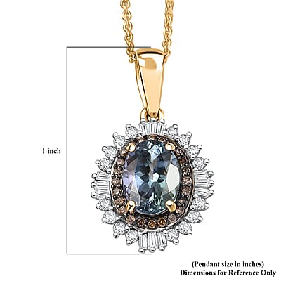 Luxoro AAA Peacock Tanzanite, Natural Champagne and White Diamond I2 2.10 ctw Sunburst Pendant Necklace in 10K Yellow Gold 20 Inches