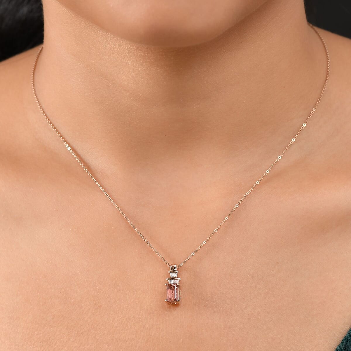 D'Joy Premium Blush Tourmaline and Moissanite 1.40 ctw Blush Deco Pendant Necklace in 18K Vermeil Rose Gold Over Sterling Silver 20 Inches image number 2