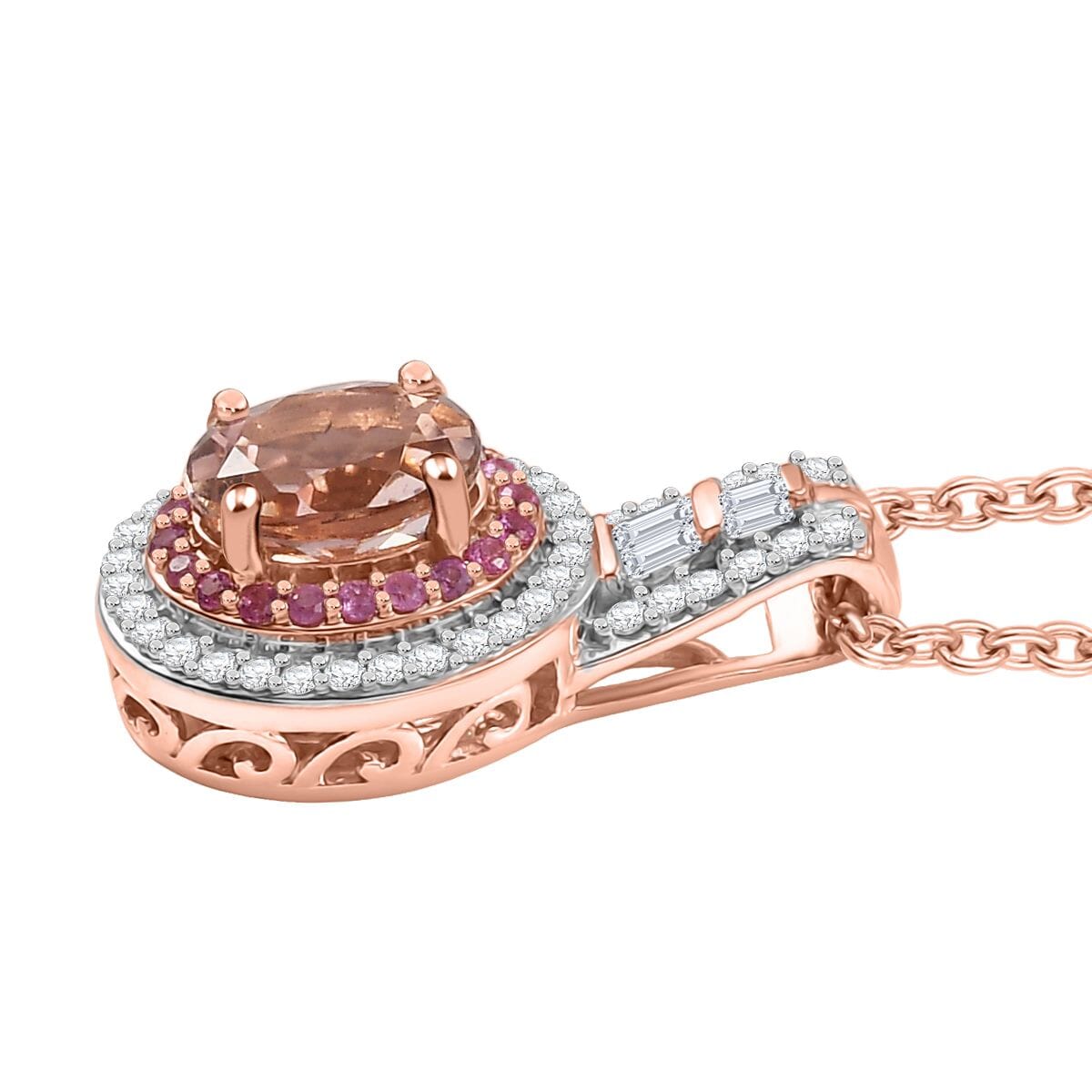 Luxoro AAA Blush Tourmaline, Pink Sapphire and I2 Diamond 1.25 ctw Pendant Necklace 20 Inches in 10K Rose Gold  image number 3