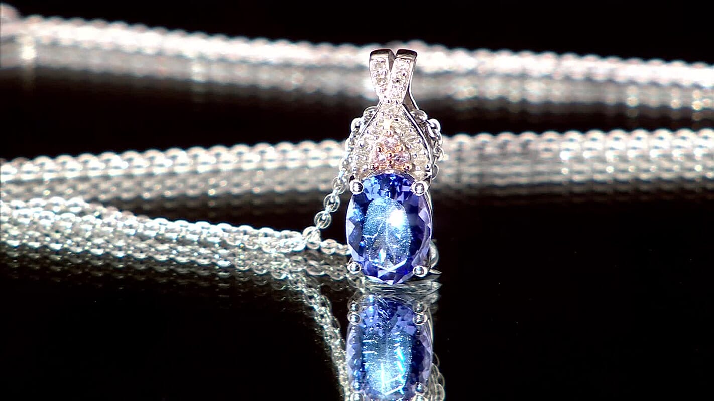 D'Joy Premium Tanzanite, Natural Pink and White Diamond 1.25 ctw Infinity Bliss Pendant Necklace 20 Inches in 18K Vermeil RG and Rhodium Over Sterling Silver