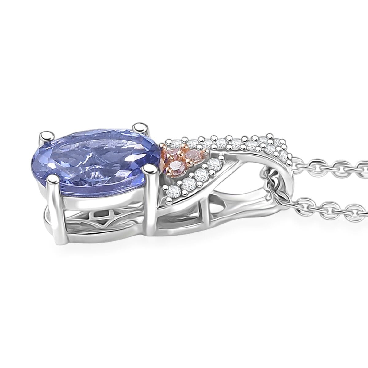 D’Joy Premium Tanzanite, Natural Pink and White Diamond 1.25 ctw Infinity Bliss Pendant Necklace 20 Inches in Rhodium Over Sterling Silver  image number 3
