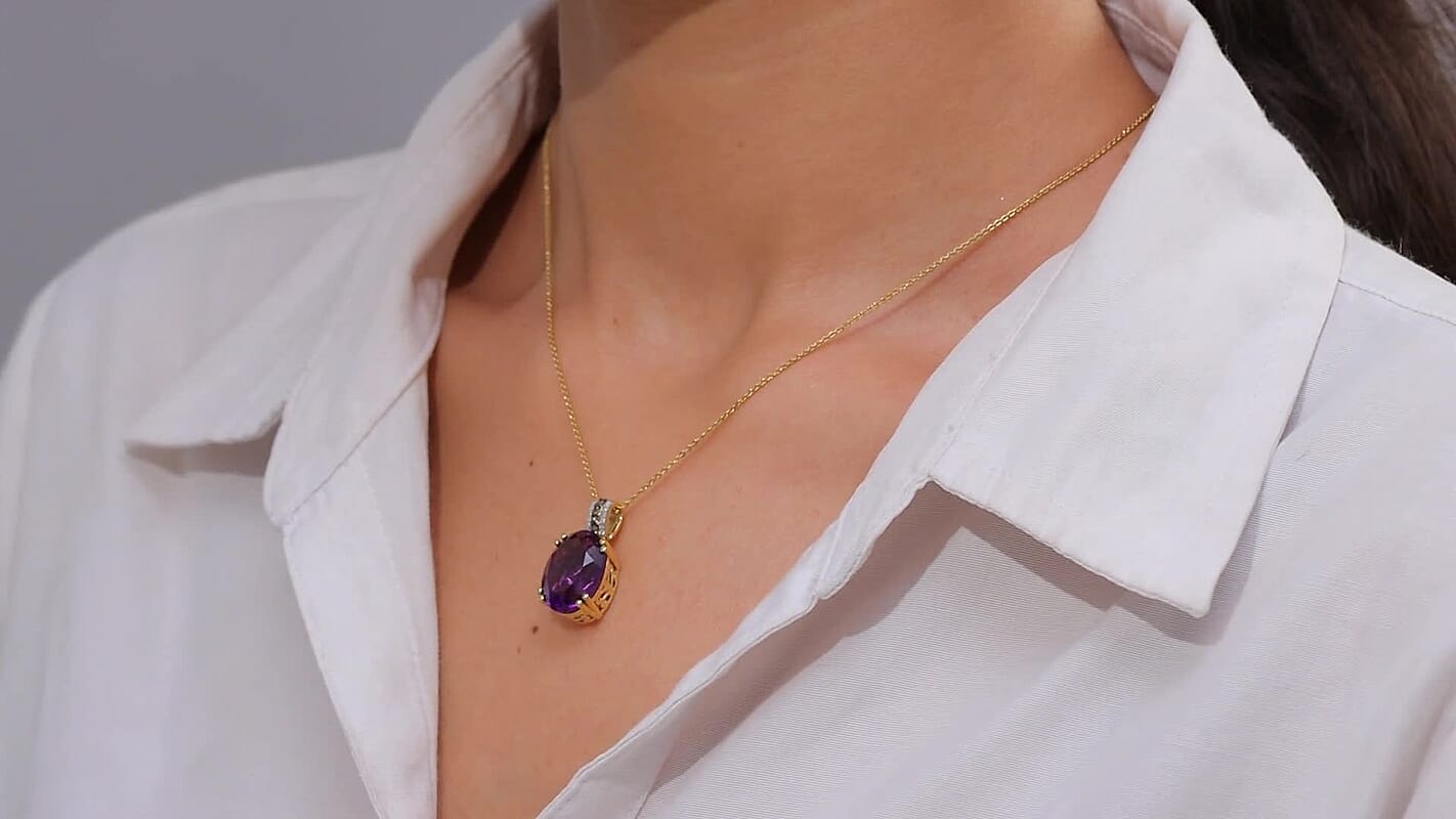 D'Joy AAA Brejinho Amethyst, Natural Champagne and White Diamond 9.40 ctw Art Deco Pendant Necklace in 18K Vermeil Yellow Gold Over Sterling Silver 20 Inches