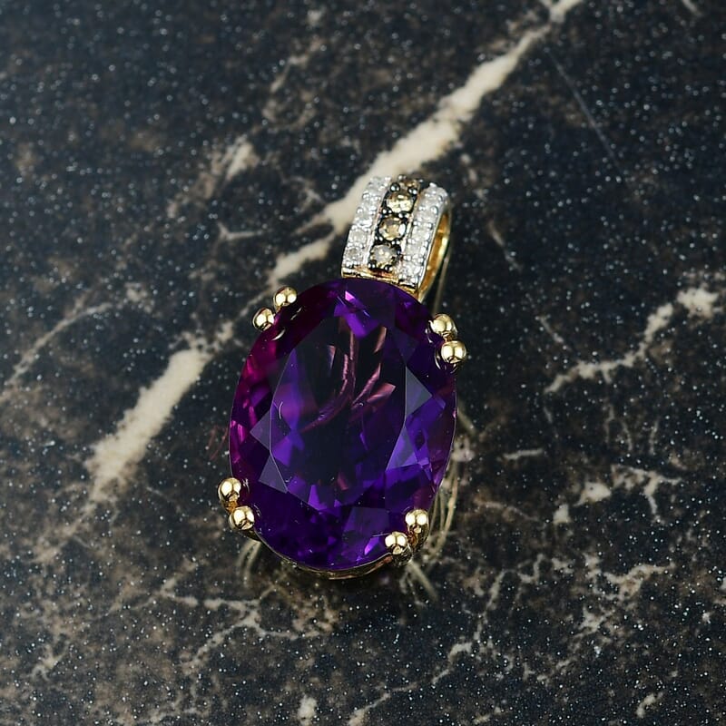 D'Joy AAA Brejinho Amethyst, Natural Champagne and White Diamond 9.40 ctw Art Deco Pendant Necklace in 18K Vermeil Yellow Gold Over Sterling Silver 20 Inches