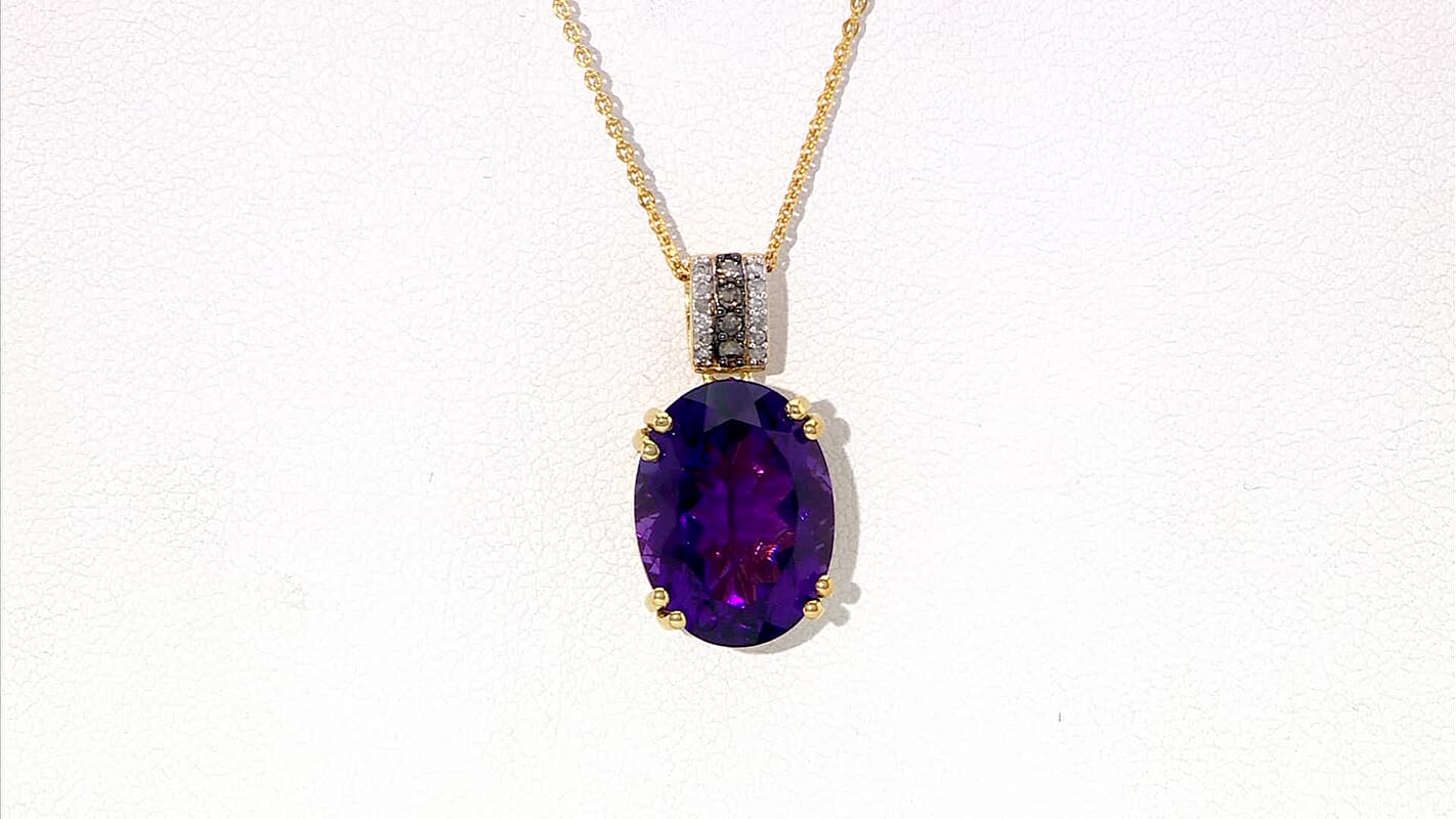 D'Joy AAA Brejinho Amethyst, Natural Champagne and White Diamond 9.40 ctw Art Deco Pendant Necklace in 18K Vermeil Yellow Gold Over Sterling Silver 20 Inches