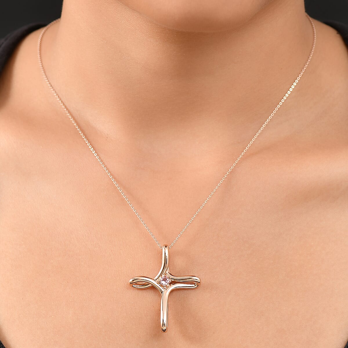 D'Joy Champagne Apatite 0.25 ctw Cross Pendant Necklace 20 Inches in 18K Vermeil Rose Gold Over Sterling Silver image number 2