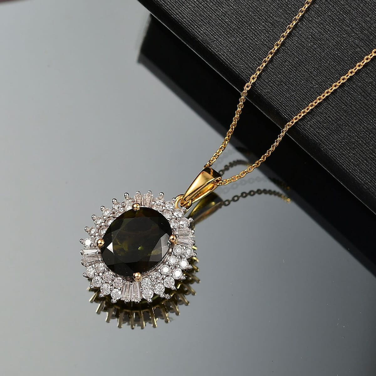 D'Joy Bohemian Moldavite and Moissanite 5.15 ctw Blooming Flower Pendant Necklace 20 Inches in 18K Vermeil Yellow Gold Over Sterling Silver  image number 1