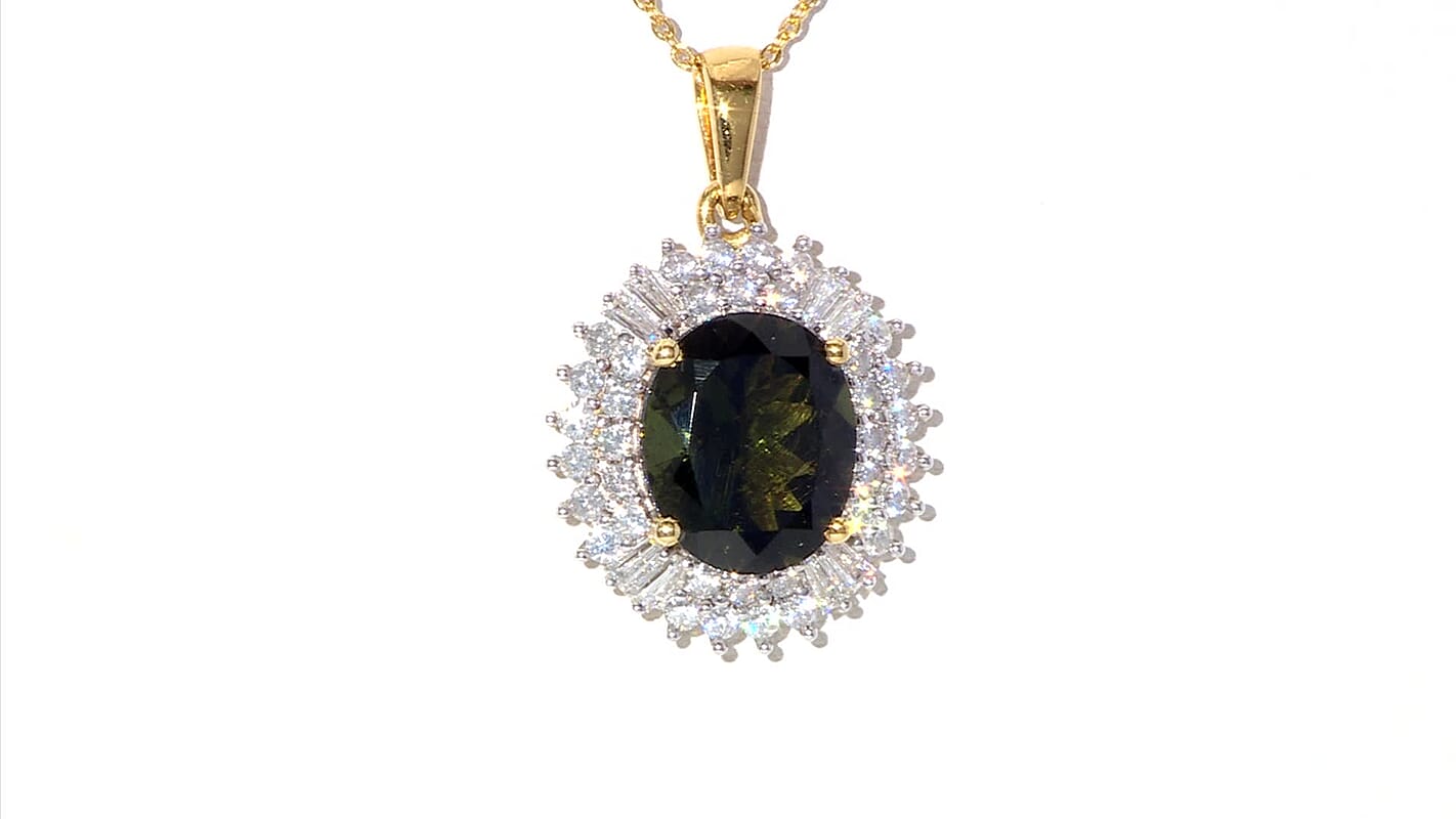 D'Joy Bohemian Moldavite and Moissanite 5.15 ctw Blooming Flower Pendant Necklace 20 Inches in 18K Vermeil Yellow Gold Over Sterling Silver
