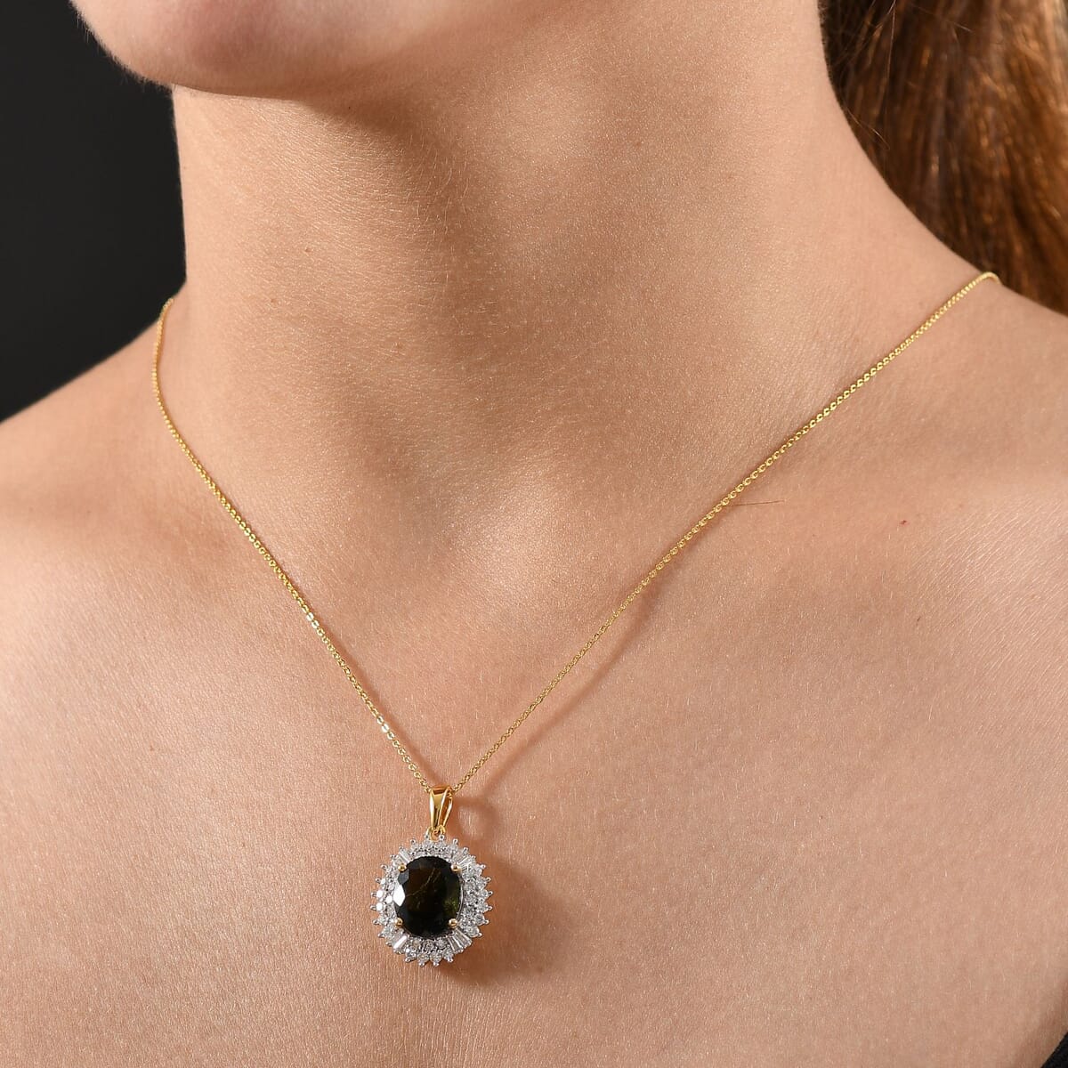 D'Joy Bohemian Moldavite and Moissanite 5.15 ctw Blooming Flower Pendant Necklace 20 Inches in 18K Vermeil Yellow Gold Over Sterling Silver  image number 2