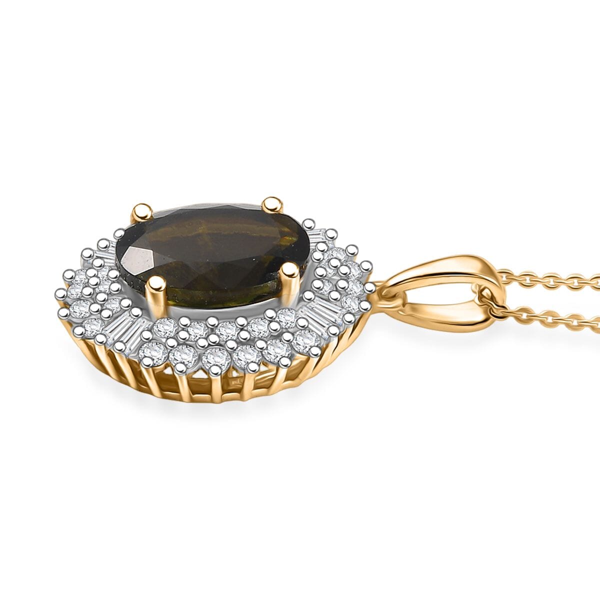 D'Joy Bohemian Moldavite and Moissanite 5.15 ctw Blooming Flower Pendant Necklace 20 Inches in 18K Vermeil Yellow Gold Over Sterling Silver  image number 3