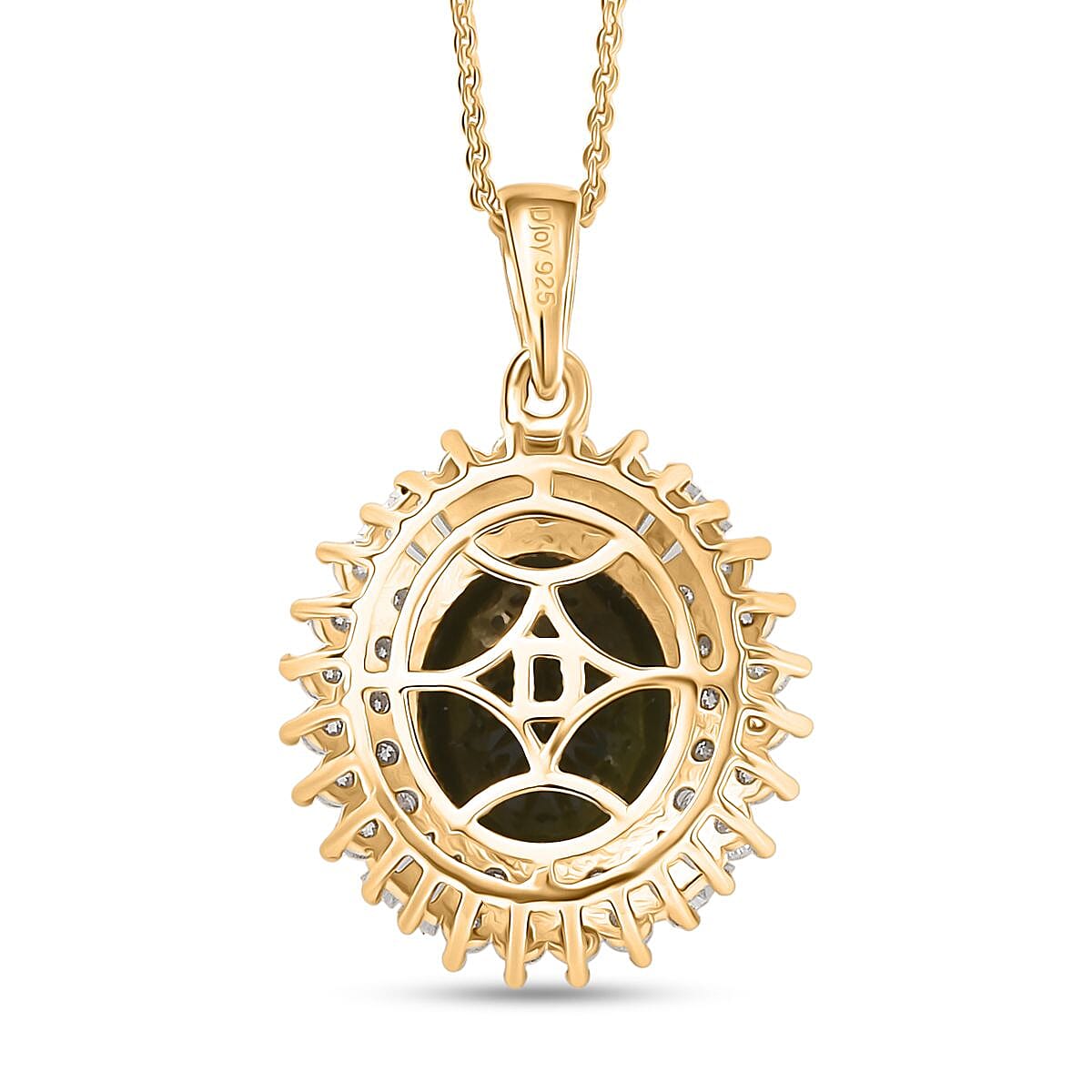 D'Joy Bohemian Moldavite and Moissanite 5.15 ctw Blooming Flower Pendant Necklace 20 Inches in 18K Vermeil Yellow Gold Over Sterling Silver 