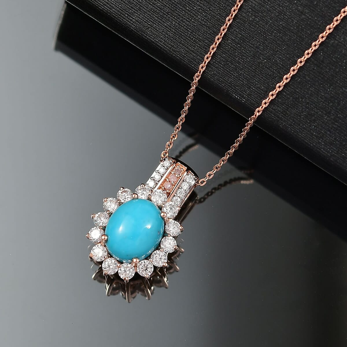 D’Joy Sleeping Beauty Turquoise and  Moissanite 3.60 ctw Starburst Pendant Necklace 20 Inches in 18K Vermeil Rose Gold Over Sterling Silver image number 1