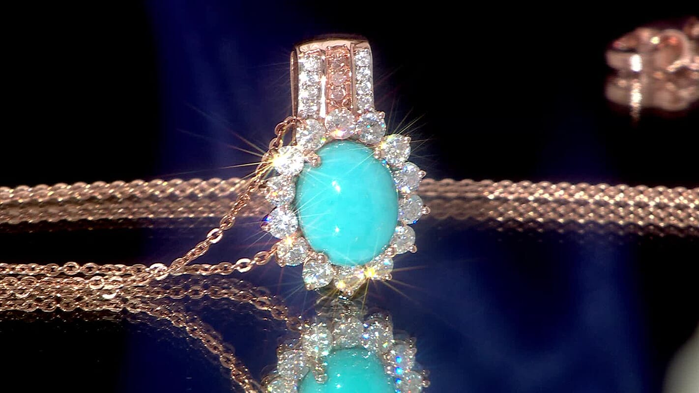 D'Joy Sleeping Beauty Turquoise and  Moissanite 3.60 ctw Starburst Pendant Necklace 20 Inches in 18K Vermeil Rose Gold Over Sterling Silver