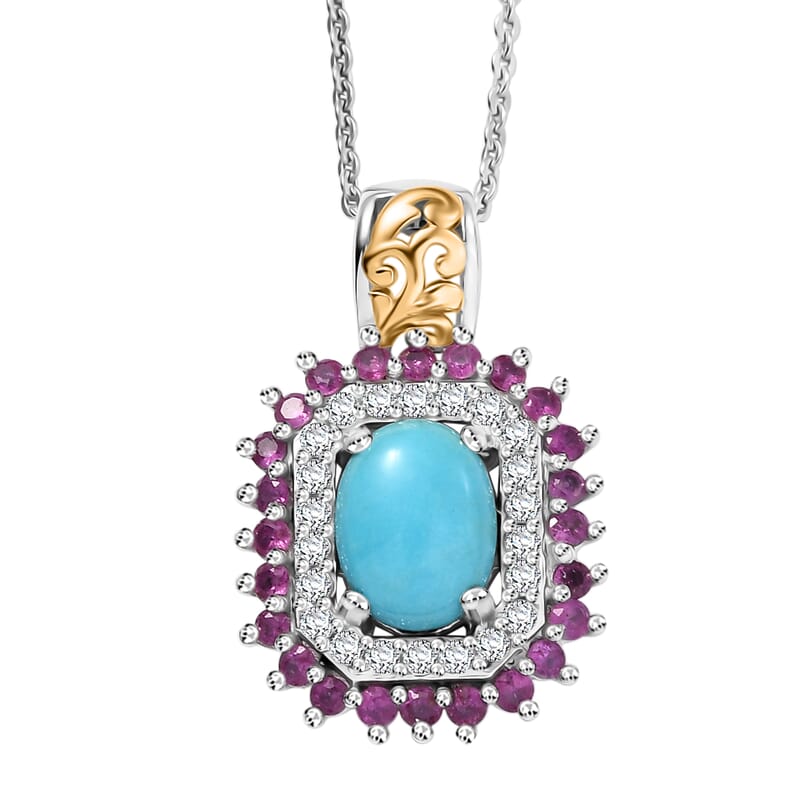 D'Joy Sleeping Beauty Turquoise and Multi Gemstone 2.00 ctw Sunburst Pendant Necklace 20 Inches in 18K Vermeil YG and Rhodium Over Sterling Silver