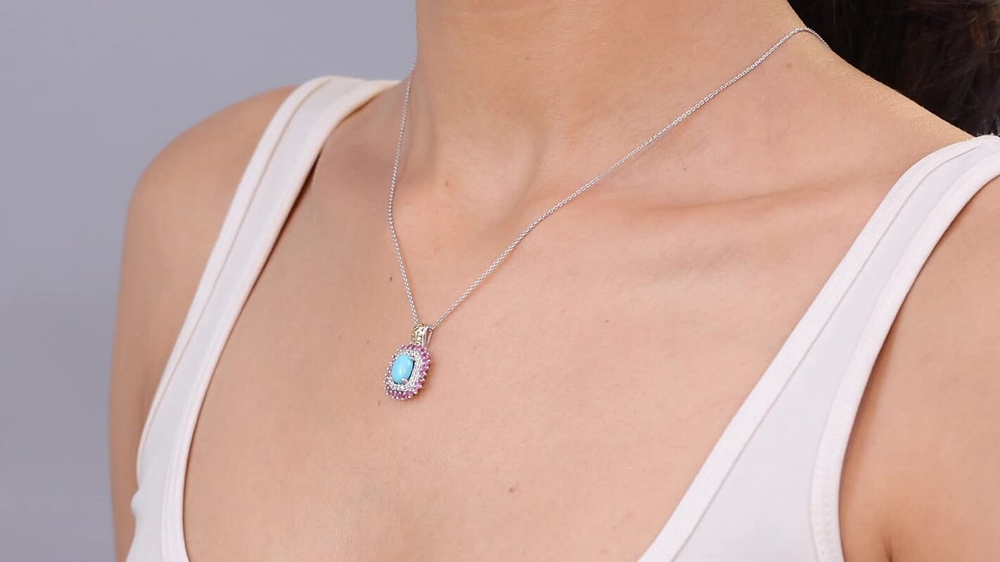 D’Joy Sleeping Beauty Turquoise and Multi Gemstone 2.00 ctw Pendant Necklace 20 Inches in Rhodium Over Sterling Silver