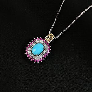 D&rsquo;Joy Sleeping Beauty Turquoise and Multi Gemstone 2.00 ctw Sunburst Pendant Necklace 20 Inches in 18K Vermeil YG and Rhodium Over Sterling Silver