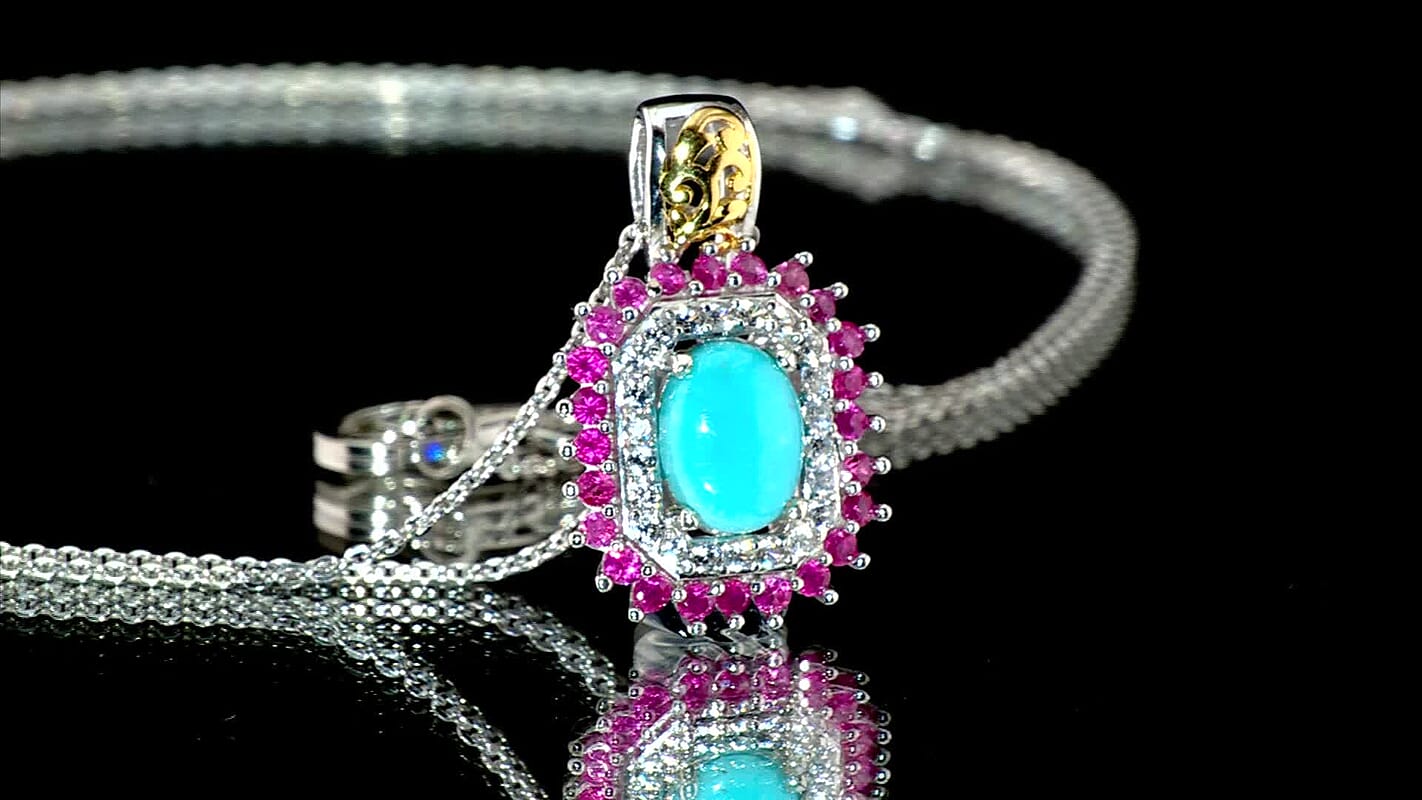 D’Joy Sleeping Beauty Turquoise and Multi Gemstone 2.00 ctw Pendant Necklace 20 Inches in Rhodium Over Sterling Silver