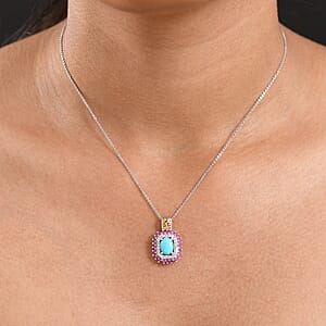 D&rsquo;Joy Sleeping Beauty Turquoise and Multi Gemstone 2.00 ctw Sunburst Pendant Necklace 20 Inches in 18K Vermeil YG and Rhodium Over Sterling Silver