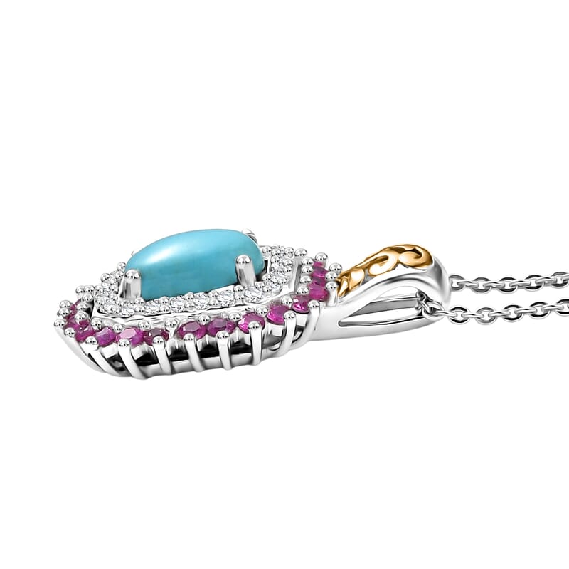 D'Joy Sleeping Beauty Turquoise and Multi Gemstone 2.00 ctw Sunburst Pendant Necklace 20 Inches in 18K Vermeil YG and Rhodium Over Sterling Silver