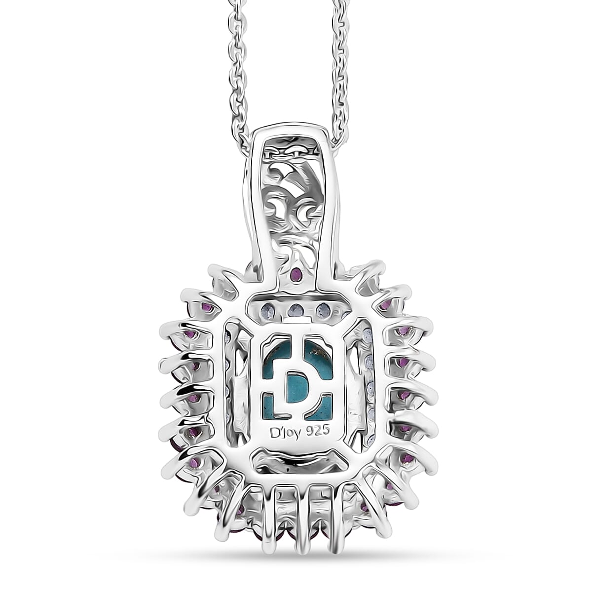 D’Joy Sleeping Beauty Turquoise and Multi Gemstone 2.00 ctw Sunburst Pendant Necklace 20 Inches in 18K Vermeil YG and Rhodium Over Sterling Silver image number 4