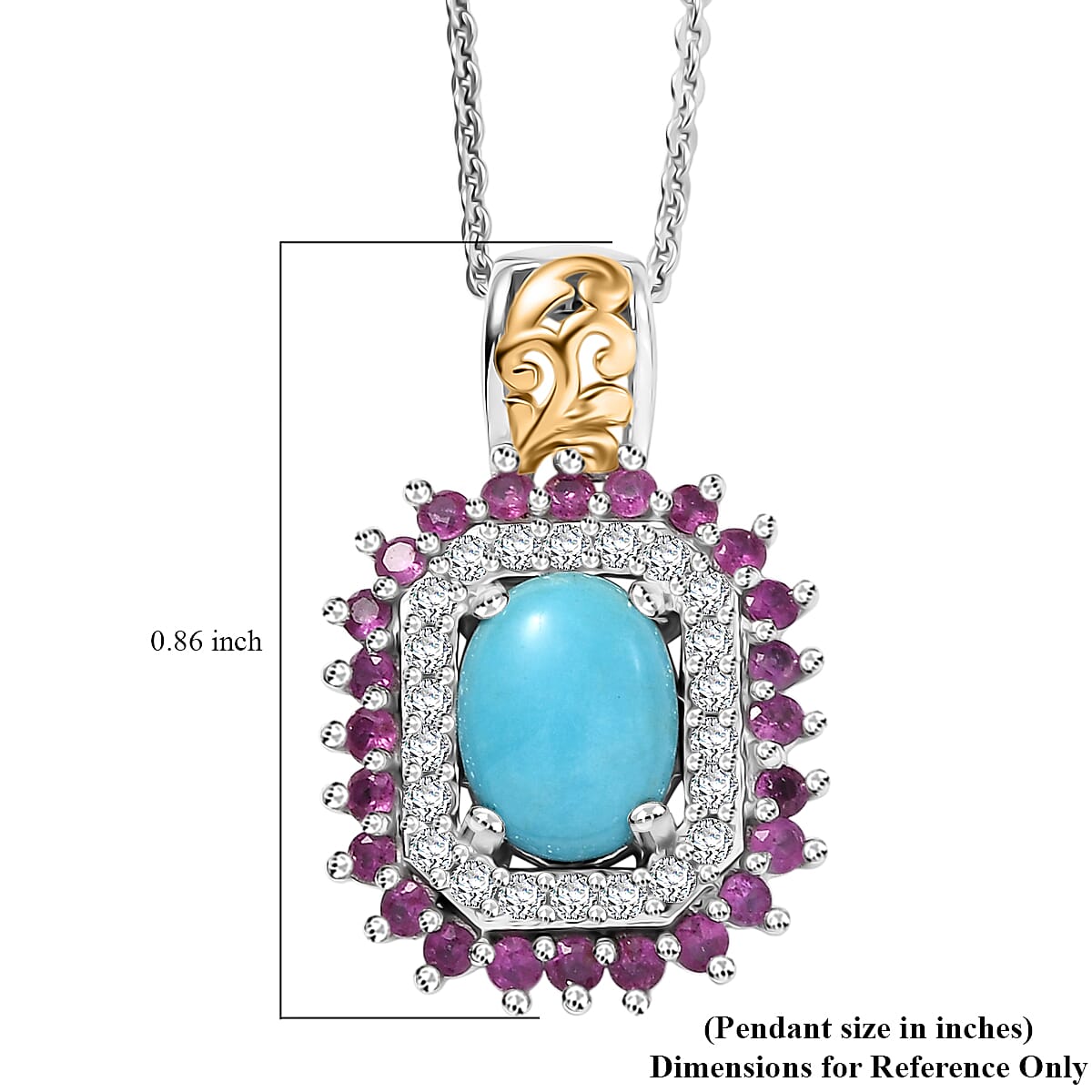 D’Joy Sleeping Beauty Turquoise and Multi Gemstone 2.00 ctw Sunburst Pendant Necklace 20 Inches in 18K Vermeil YG and Rhodium Over Sterling Silver image number 6