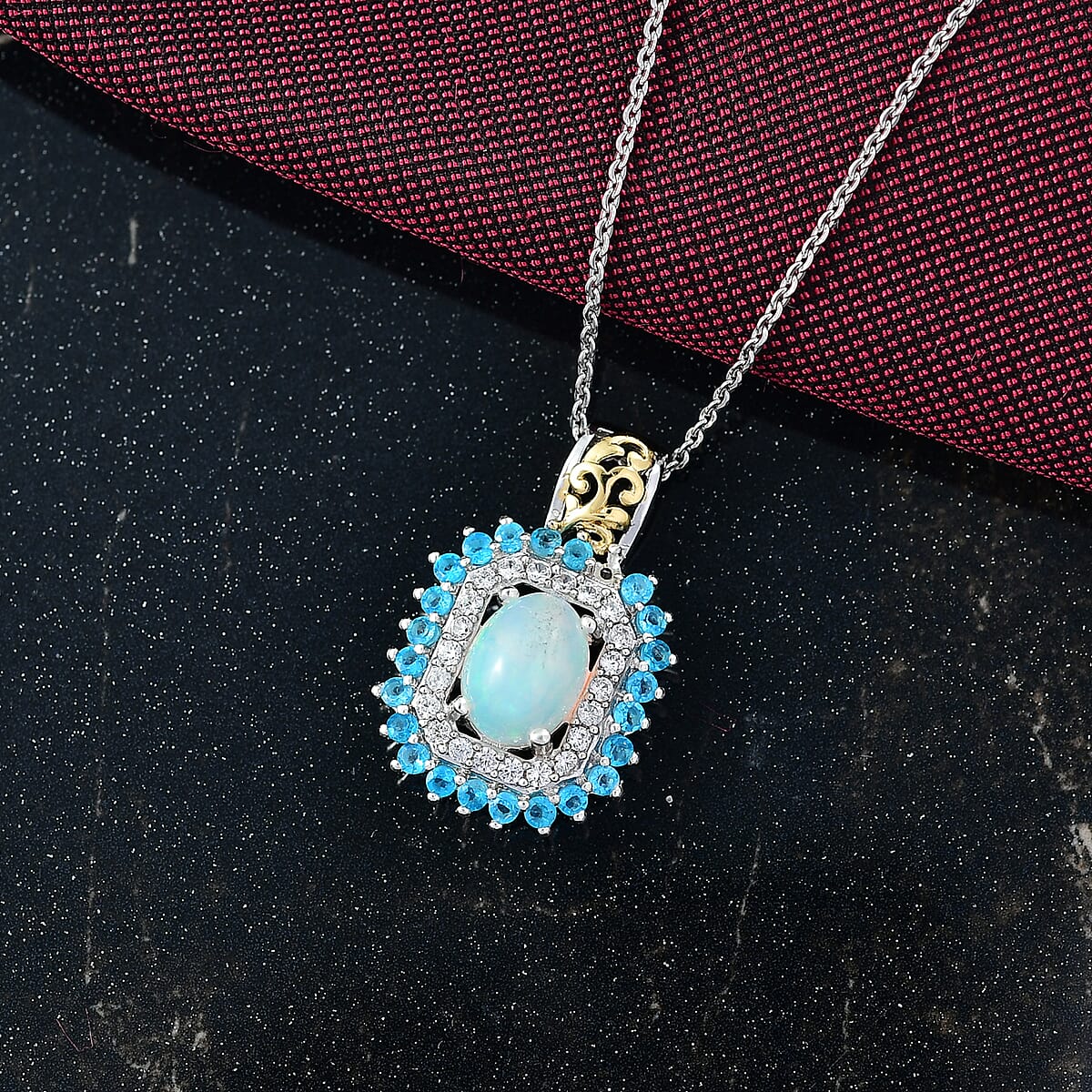 D'Joy Ethiopian Welo Opal and Multi Gemstone 1.70 ctw Sunburst Pendant Necklace in 18K Vermeil YG and Rhodium Over Sterling Silver 20 Inches image number 1