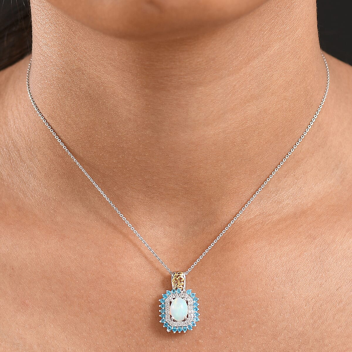 D'Joy Ethiopian Welo Opal and Multi Gemstone 1.70 ctw Sunburst Pendant Necklace in 18K Vermeil YG and Rhodium Over Sterling Silver 20 Inches image number 2