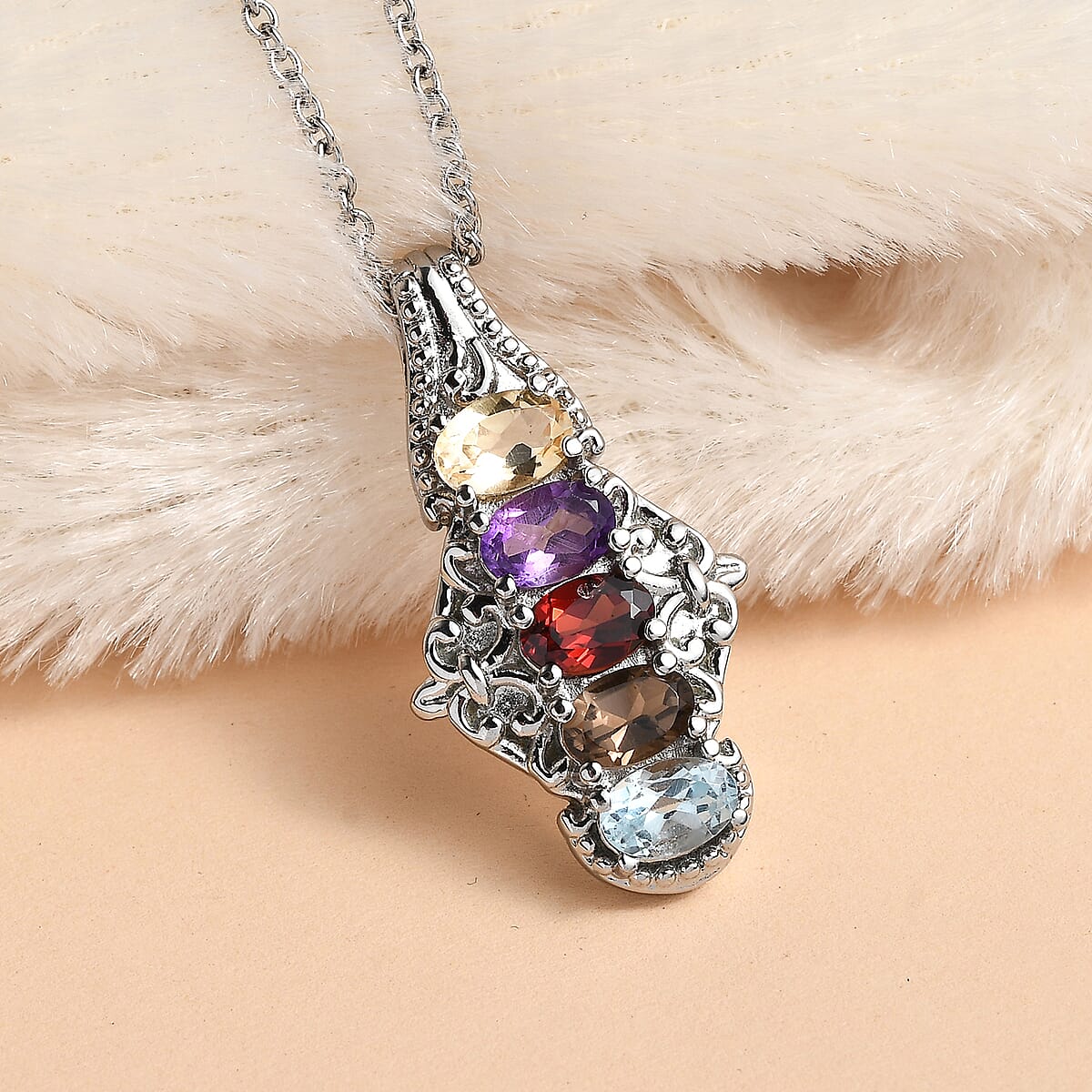 EverTrue Multi Gemstone 2.30 ctw Pendant Necklace in Stainless Steel 20 Inches image number 1